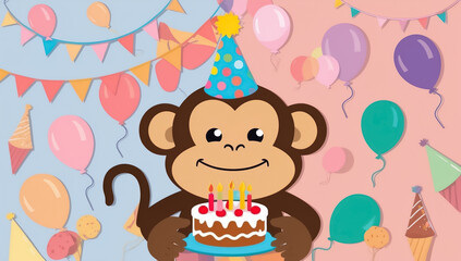 cute cartoon monkey with cake, birthday flat design illustration