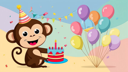 Fototapeta premium cute cartoon monkey with cake, birthday flat design illustration