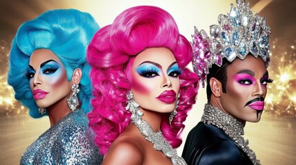 Fototapeta premium Three drag queens, extravagantly made up, pose in vibrantly colorful costumes and large hairstyles, radiating confidence and theatrical flair against a dazzling background.