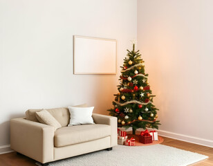 Naklejka premium A beige sofa, a Christmas tree, and an empty white frame are present in the living room.