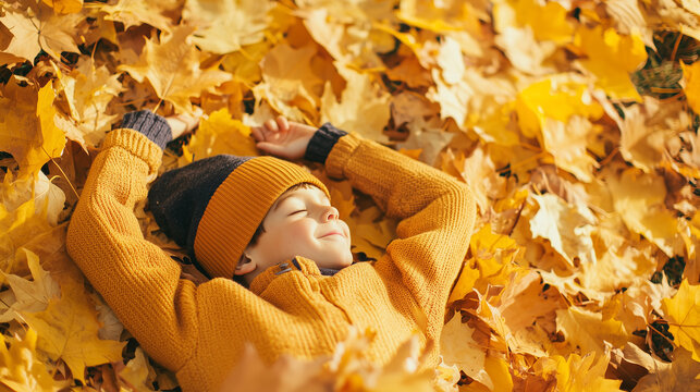 heartwarming scene of a young boy lying joyfully in a pile of vibrant autumn leaves, viewed from above. Ideal for portraying childhood fun, outdoor adventures, and the seasonal bea
