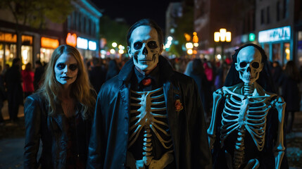 Obraz premium Group of spooky skeleton-themed characters with face paint and costumes at Halloween night festival