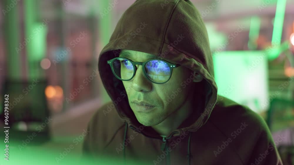 Poster Office, hacking and man in information technology with computer for cyber crime, system and fraud. Company, data theft and hacker with network breach for unauthorised, server access or malware attack