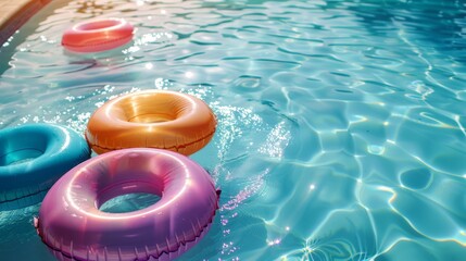Brightly colored inflatable rings floating in a swimming pool.