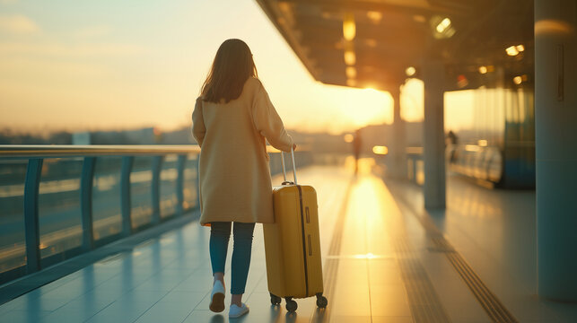 cheerful scene of a traveler happily maneuvering her suitcase through a outdoor connection station, showcasing the anticipation of traveling. Ideal for visuals related to transit,