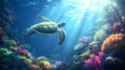 Fototapeta premium Beautiful sea with colorful coral reefs and green turtle swimming in the water, sun rays shining on clear blue sky, fantasy underwater world concept. Underwater World. Illustration