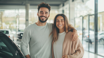 cheerful couple standing next to their newly purchased car in a showroom, looking at the camera with excitement. Ideal for capturing the joy of car ownership, showroom experiences,