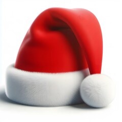 A red Santa hat with a white pompom, on snowy snow, bokeh lights, illuminated by the sun, isolated on a white background