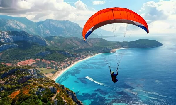 Adventurous backpacker paragliding over a coastal landscape with turquoise waters, Video