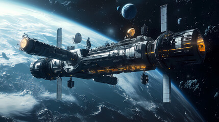 Obraz premium Gigantic space station in orbit of planet earth. Space Station. Illustration