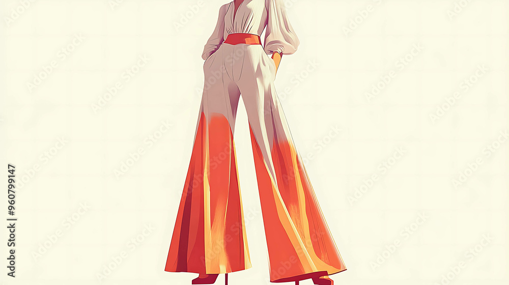 Sticker A woman in a white jumpsuit with orange ombre flared pants poses in a fashion shoot.