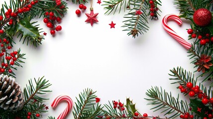 Christmas decorations on white background Flat lay, copy space.