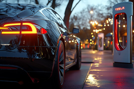 Tesla electric car parked at a tesla 
 charging station, charging during the day, highlighting the modern push for sustainable transportation
