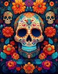 Festive Dia de los Muertos poster in a vibrant, decorative style with intricate patterns and skull. Mexican skull for day of the dead background. Graphic art illustration flyer