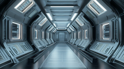 Obraz premium A futuristic space station with a long hallway and many windows. Space Station. Illustration