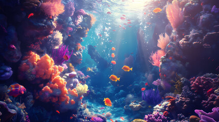 Naklejka premium A surreal underwater world teeming with colorful coral reefs and exotic sea creatures. Underwater World. Illustration