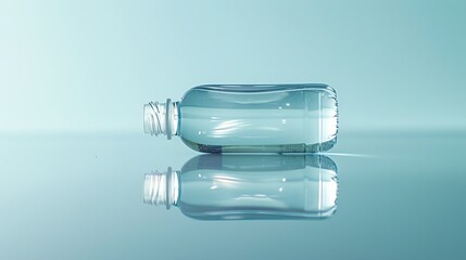 A plastic water bottle lying on a blue surface.