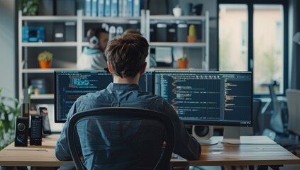 Fototapeta premium Software developer is sitting at his desk, coding on multiple monitors with code lines in the background of an office environment technology showcasing software development