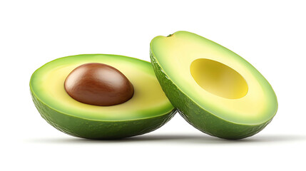 A ripe avocado cut in half on a white background.