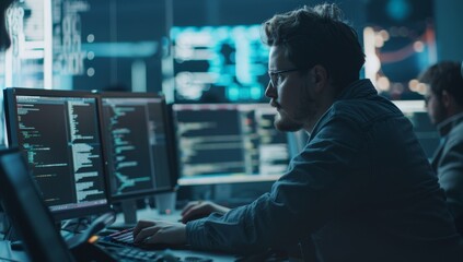 Fototapeta premium Software developer is sitting at his desk, coding on multiple monitors with code lines in the background of an office environment technology showcasing software development