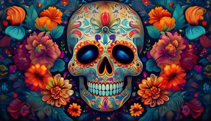 Mexican skull for day of the dead background. Festive Dia de los Muertos poster in a vibrant decorative style with intricate patterns and skull. Graphic artwork illustration