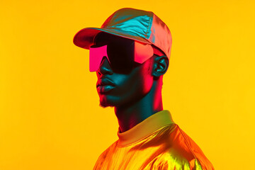 Men Wearing Holographic Cap with Solid Neon Yellow Background Fashion Lifestyle Portrait, Modern Look