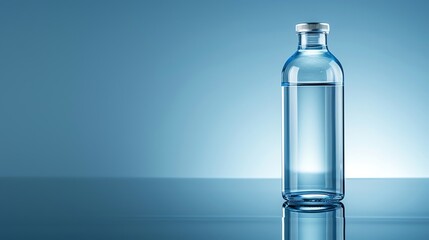 A glass bottle of water on a blue surface.