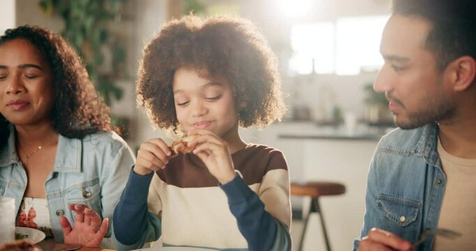 Happy family, lunch and child at table for eating, healthy meal and smile for favorite dish. Parents, kid and chicken food in home for nutrition, bonding and protein in diet with vegetables and care