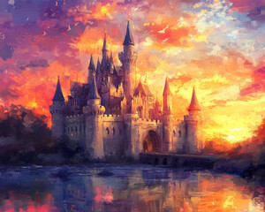 Hand-painted beautiful castle at sunset