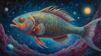 Fototapeta premium A vibrant fish swims through a starry sky.