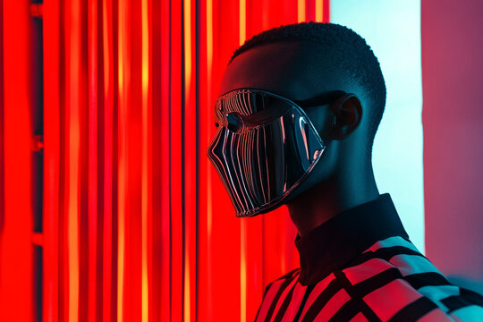 Fashion Portrait of Men Wearing Chrome Face Mask with Solid Neon Coral Background Trendy and Modern