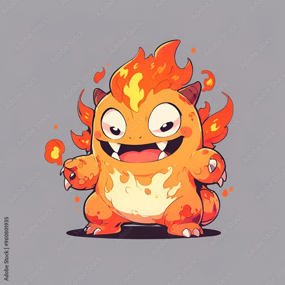 Wall mural cute orange fire monster illustration