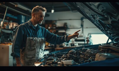 A mechanic wearing slightly worn coveralls stands next to an open car hood, pointing with a focused expression while assessing the engine