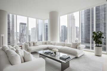 Fototapeta premium A large white living room with a glass coffee table and a potted plant. The room has a modern and minimalist design, with white furniture and a clean, uncluttered look