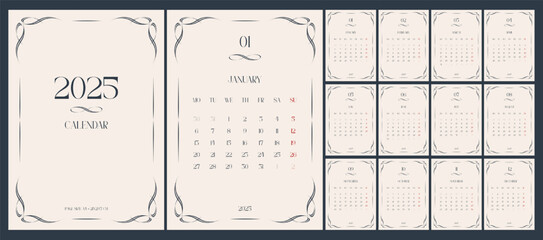 Calendar 2025. Retro, vintage, A4, English. Set of 12 pages and cover.