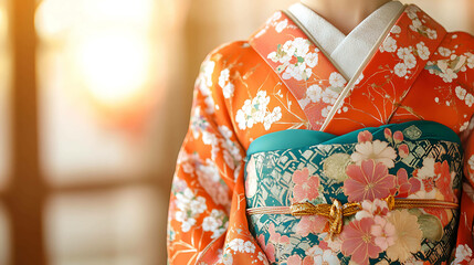 A close-up of a person wearing a traditional Japanese kimono with a beautiful floral pattern.