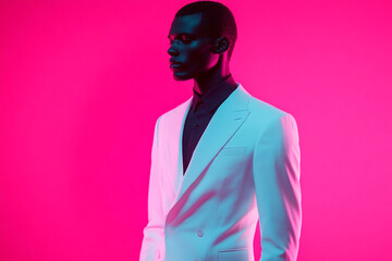 Obraz premium Fashion Portrait of Men in White Suit with Solid Neon Pink Background Contemporary and Elegant