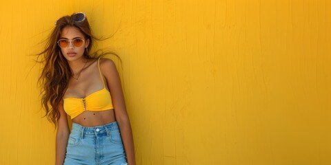 Fototapeta premium Young woman in yellow crop top and denim shorts wearing sunglasses leaning against yellow wall.