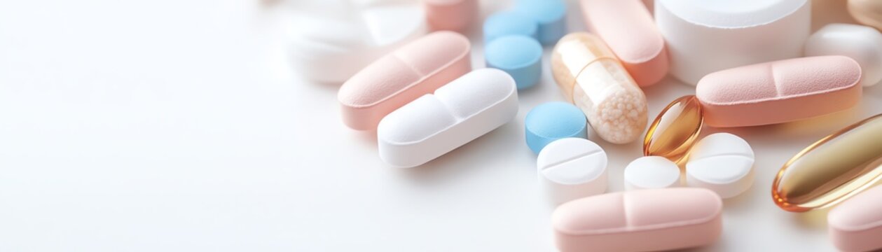 Assorted colorful pills, tablets, and capsules scattered on white background. Pharmaceutical and healthcare concept image.
