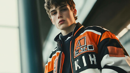 Obraz premium Young man wearing a black and orange jacket with a serious expression.