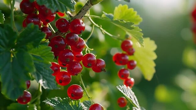 Vibrant redcurrant branch bursting with ripe redcurrants in a lush orchard, showcasing the beauty of fresh produce in nature
