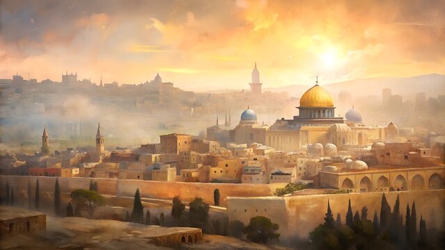 Ancient Jerusalem landscape at sunset with warm colors and historical architecture