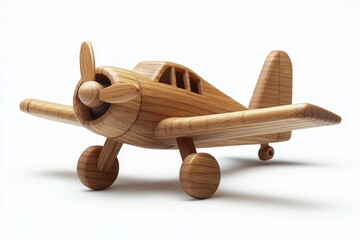 Wooden toy airplane with propeller, wheels and tail isolated on white background.