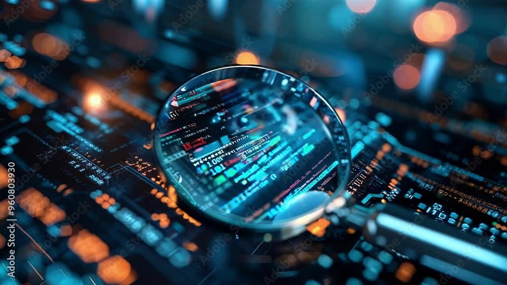 Poster magnifying glass is revealing innovative software code in a complex digital environment, highlightin