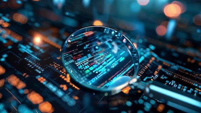 Magnifying glass is revealing innovative software code in a complex digital environment, highlighting the importance of analysis and problem solving in software development