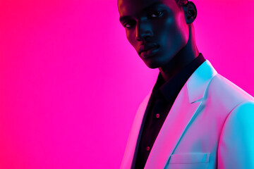 Fototapeta premium Men in White Suit with Solid Neon Pink Background Fashion Lifestyle Portrait, Trendy and Chic