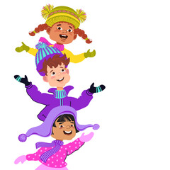 Happy kids in bright winter clothes. Colorful vector flat illustration.