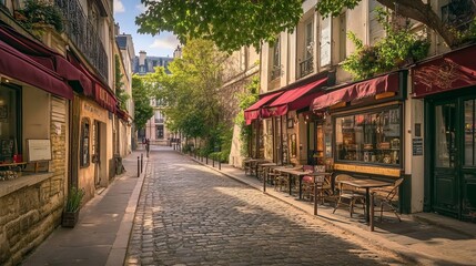 Obraz premium A charming street in the Montmartre neighborhood of Paris, France. It features typical Parisian architecture and famous landmarks. This is a beautiful picture of Paris.