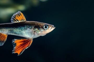 Fototapeta premium the beside view Cobra Guppy Fish, left side view, white copy space on right, Isolated on dark Background