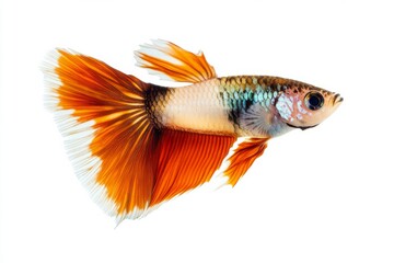 the beside view Halfmoon Guppy Fish, left side view, white copy space on right, Isolated on White Background